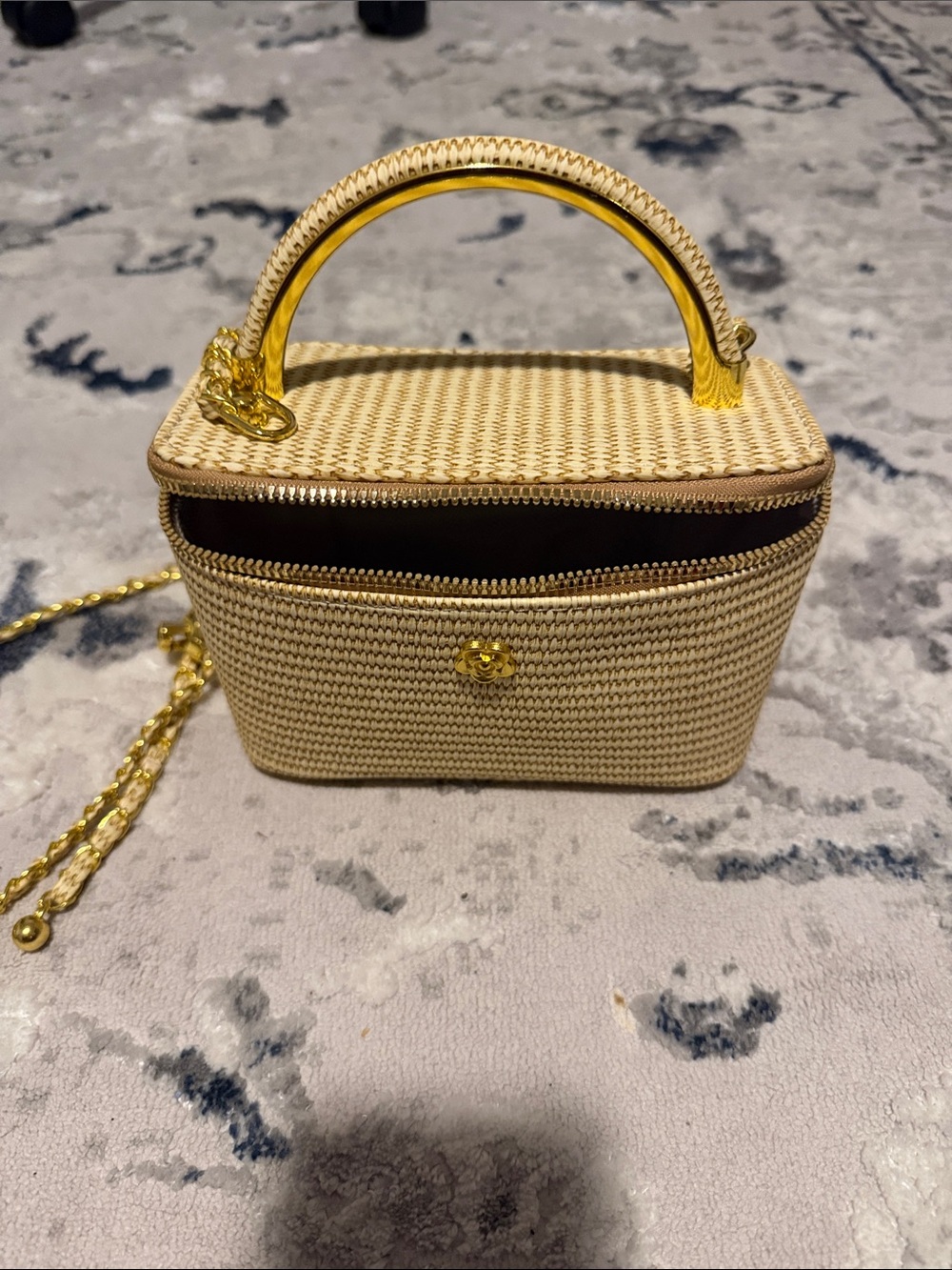 Woven Mini Top-Handle Crossbody Bag in Cream with Gold Hardware